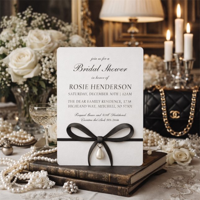 Convites Black Bow With Pearl Old Money Style Bridal Shower (Black Bow With Pearl Old Money Style Bridal Shower Invitation!)