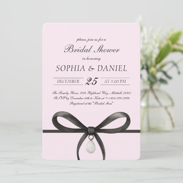 Convites Black Bow With Pearl Old Money Style Bridal Shower (Em pé/Frente)