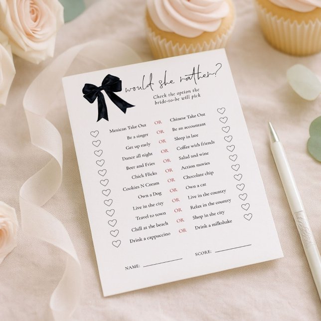 Convites Black Bow Would She Rather Bridal Shower Game Card (Criador carregado)