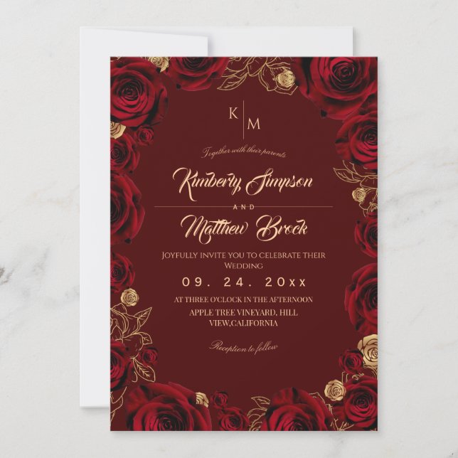 Convites Black Burgundy and Gold Rose Floral Boho Wedding (Frente)
