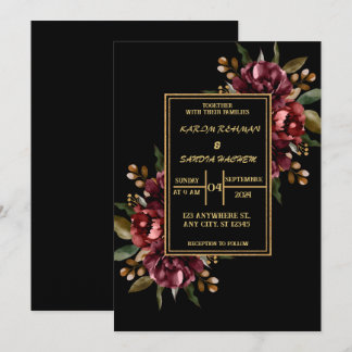 Convites Black Burgundy e Dourado Casamento Floral Moderno