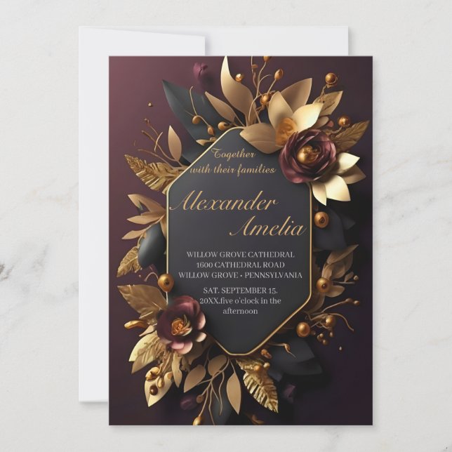 Convites Black Burgundy e Dourado Casamento Floral Moderno  (Frente)