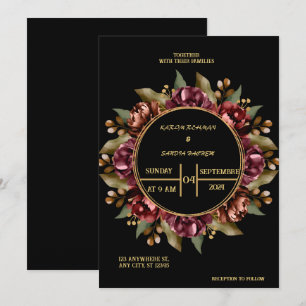 Convites Black Burgundy e Dourado Casamento Floral Moderno 