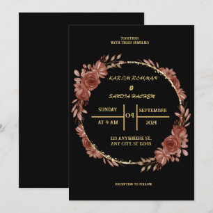 Convites Black Burgundy e Dourado Casamento Floral Moderno 