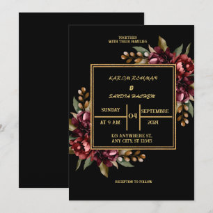 Convites Black Burgundy e Dourado Casamento Floral Moderno 