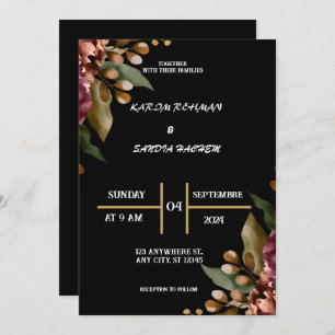 Convites Black Burgundy e Dourado Casamento Floral Moderno 