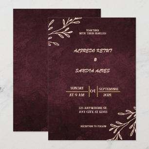 Convites Black Burgundy e Dourado Casamento Floral Moderno 