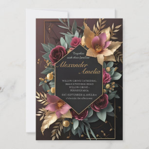 Convites Black Burgundy e Dourado Casamento Floral Moderno 