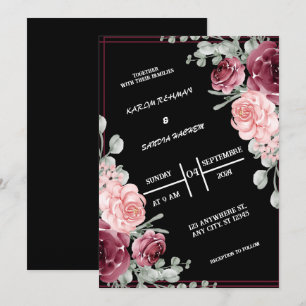 Convites Black Burgundy e Dourado Casamento Floral Moderno 