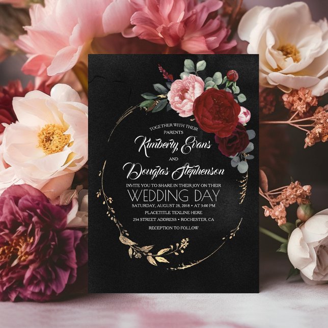 Convites Black Burgundy e Dourado Casamento Floral Moderno  (Black and Red Wedding Invitations)