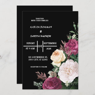 Convites Black Burgundy e Dourado Casamento Floral Moderno 