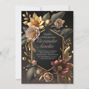 Convites Black Burgundy e Dourado Casamento Floral Moderno