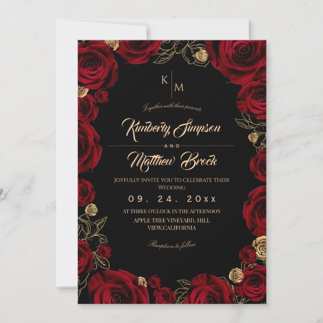 Convites Black Burgundy⎮ Gold Rose Floral Boho Wedding (Frente)