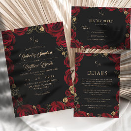 Convites Black Burgundy⎮ Gold Rose Floral Boho Wedding