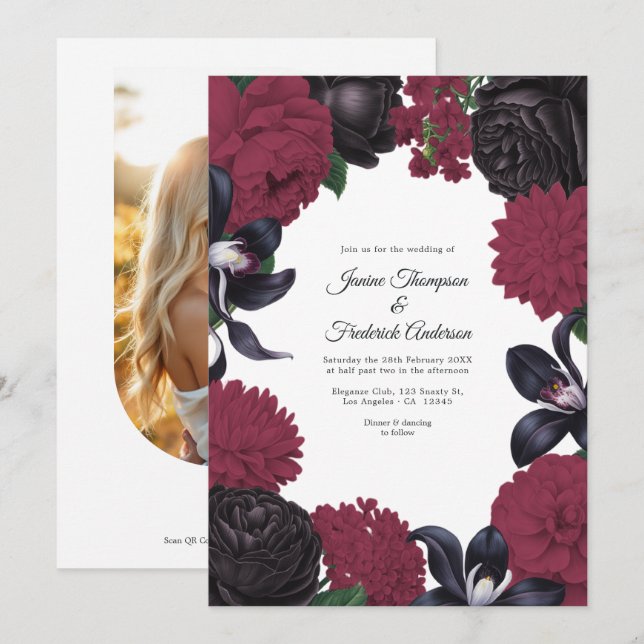 Convites Black & Burgundy Photo/QR Code Floral Wedding (Frente/Verso)
