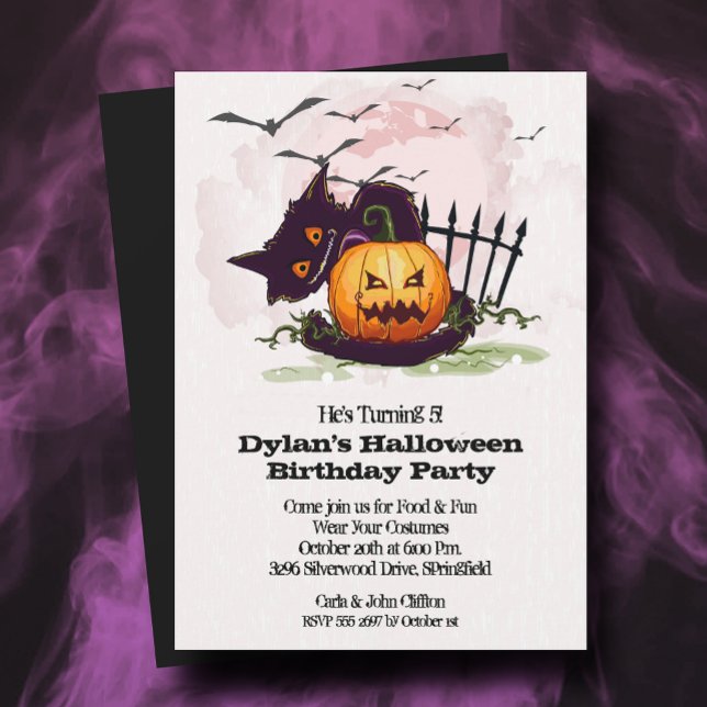 Convites Black Cat e Jack o' Lanterna Halloween (Black Cat and Jack o' Lantern Halloween Birthday Invitations - INSTANT DOWNLOAD and/or PRINTED)