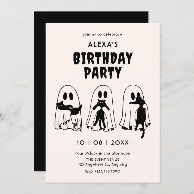 Convites black Cat ghost birthday  (Frente/Verso)