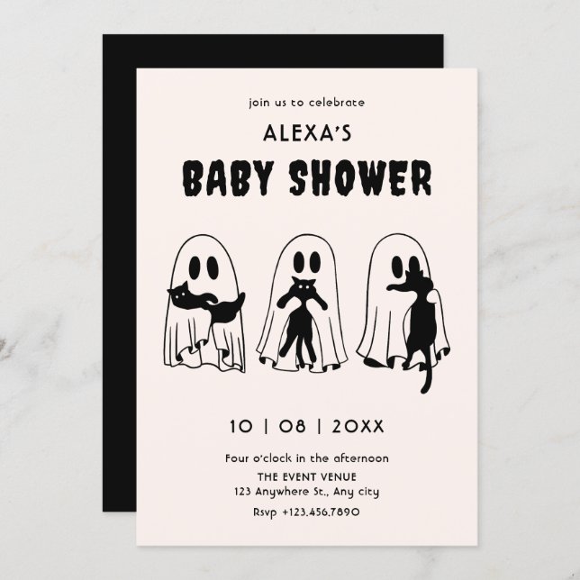 Convites black Cat ghost funny baby shower (Frente/Verso)