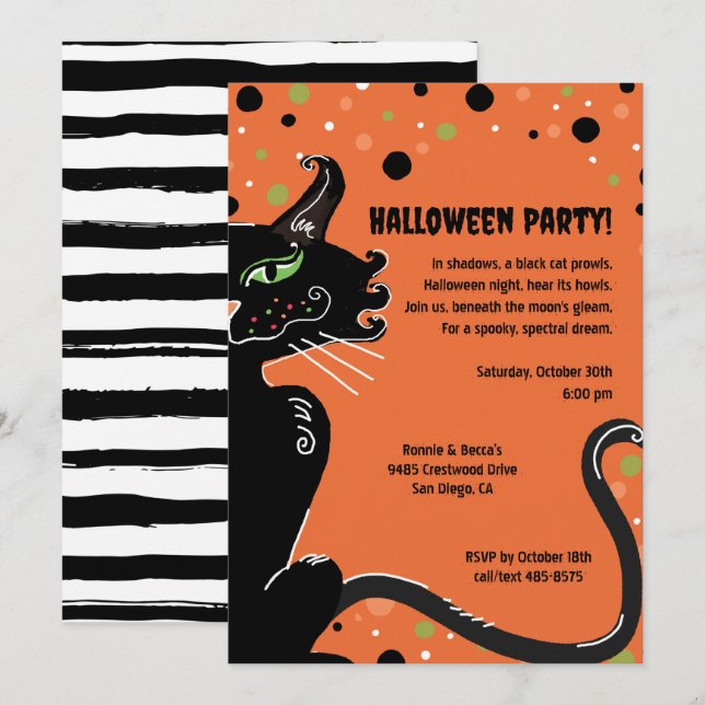 Convites Black Cat Halloween Party Spooky Whimsical Orange (Frente/Verso)