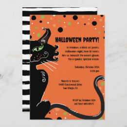 Convites Black Cat Halloween Party Spooky Whimsical Orange