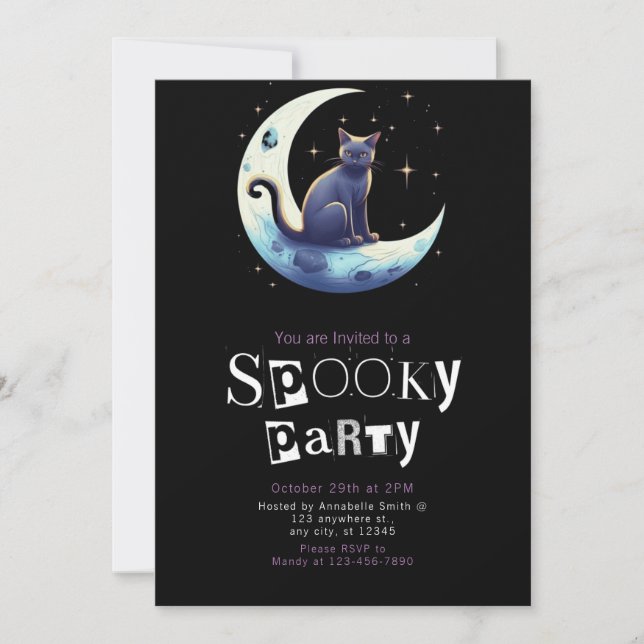 Convites Black Cat Moon Modern Minimalista Halloween (Frente)