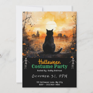 Convites Black Cat Sunset Autoutono Fall Town Black Hallowe