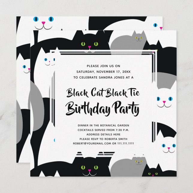 Convites Black Cat Tie Engraçado Festas de aniversário Engr (Frente/Verso)