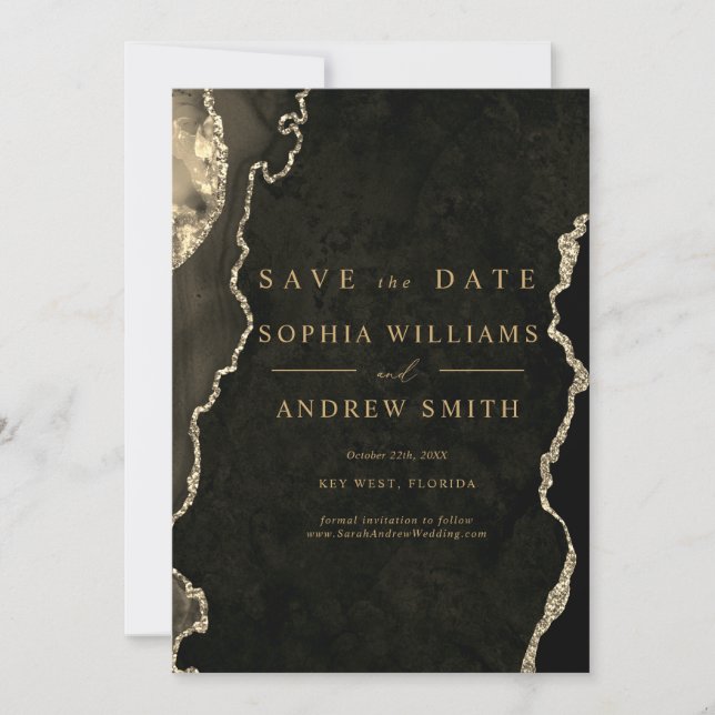 Convites Black & Champagne Gold Moderno Salve a Data (Frente)