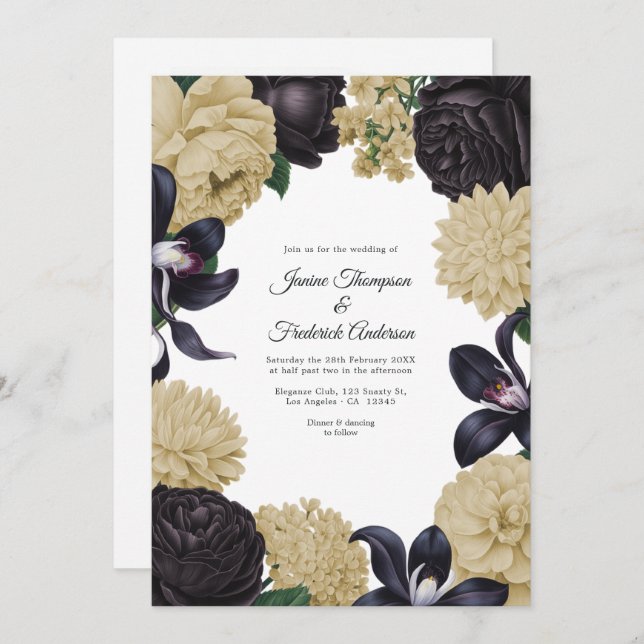Convites Black & Champagne Photo/QR Code Floral Wedding (Frente/Verso)