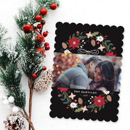 Convites Black Christmas Wreath Floral Holiday Photo Card
