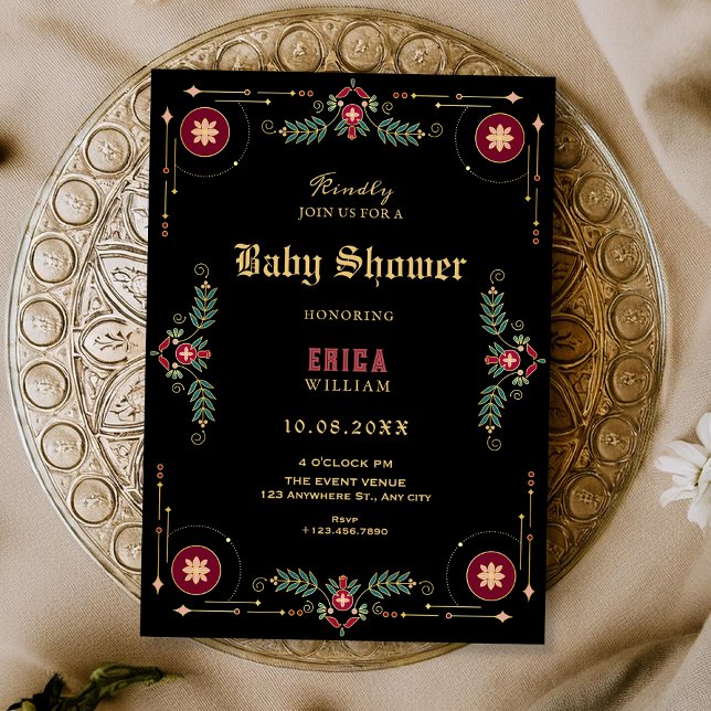Convites Black classic floral baby shower (Criador carregado)
