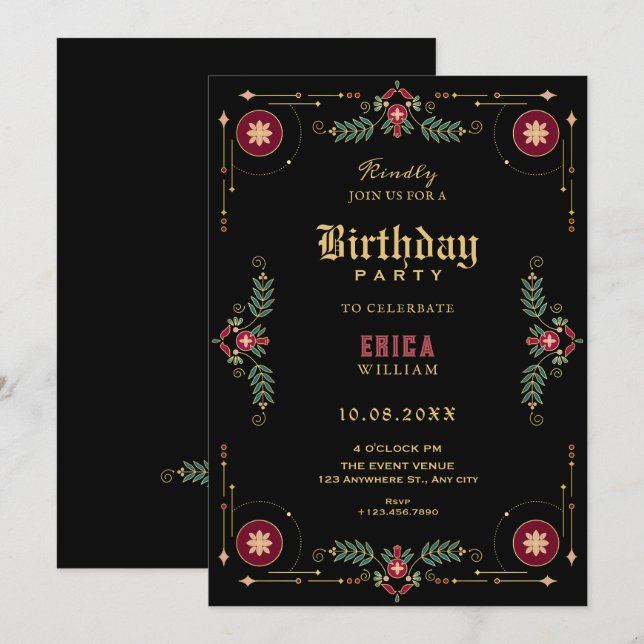 Convites Black classic floral birthday (Frente/Verso)