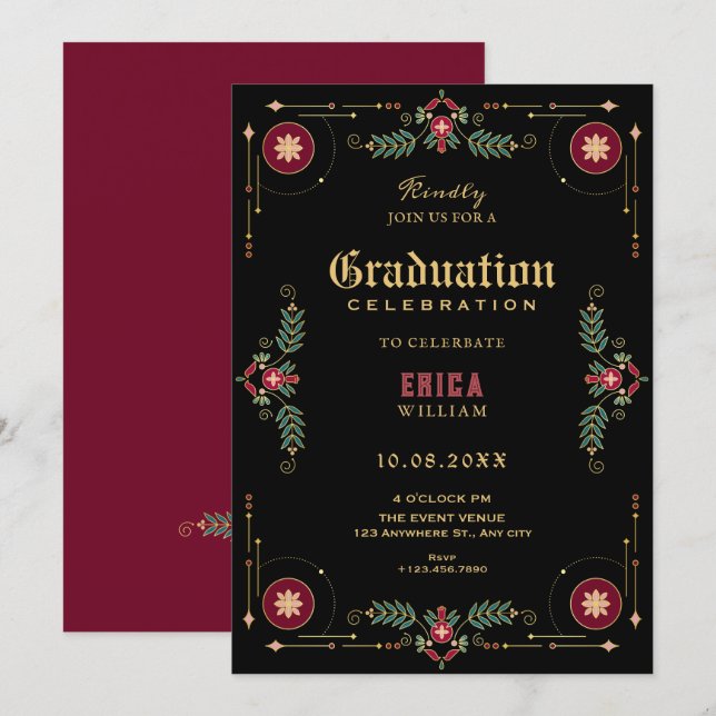 Convites Black classic floral graduation (Frente/Verso)