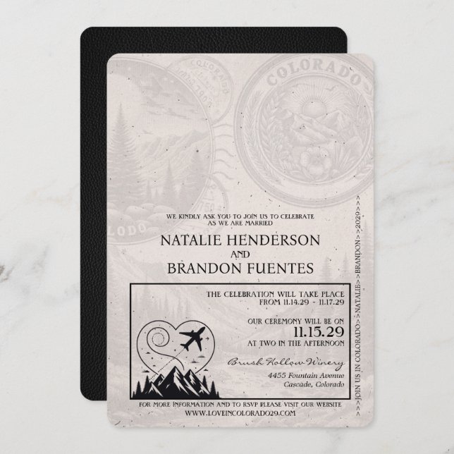 Convites Black Colorado Passport Wedding (Frente/Verso)