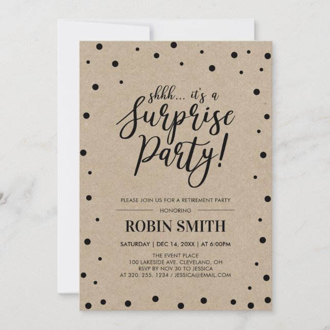Convites Black Confetti e Kraft Surprise Retirement Party (Frente)