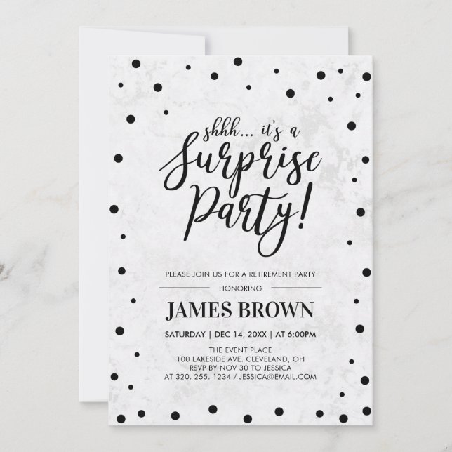 Convites Black Confetti e Marble Surprise Retirement Party (Frente)
