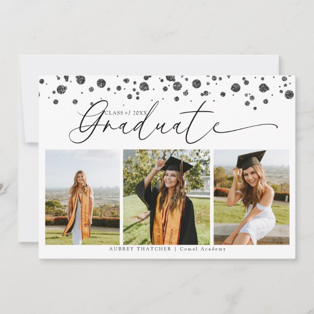 Convites Black Confetti |  Photo Collage Graduation  (Frente)