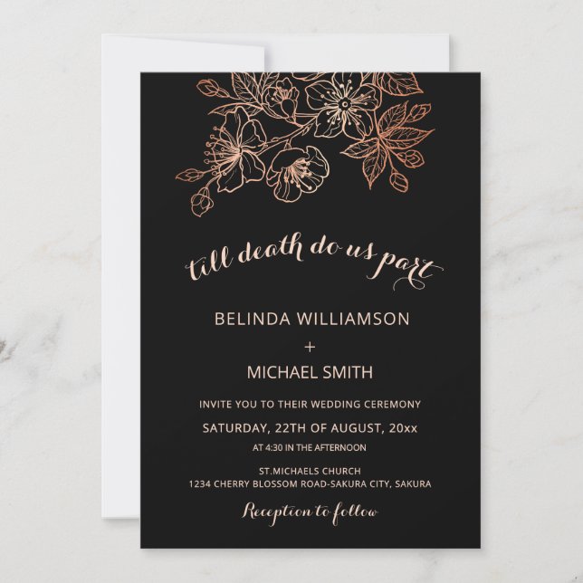Convites Black Copper Floral | Casamento Gótico (Frente)