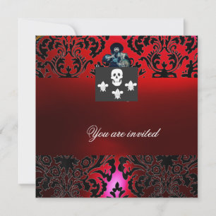 Convites BLACK CORSAIR SKULL & FLEUR DE LIS MONOGRAM vermel