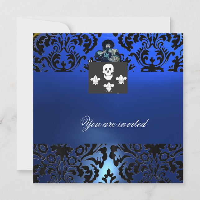Convites BLACK CORSAIR SKULL & FLEUR DE LIS MONOGRAMA azul (Frente)