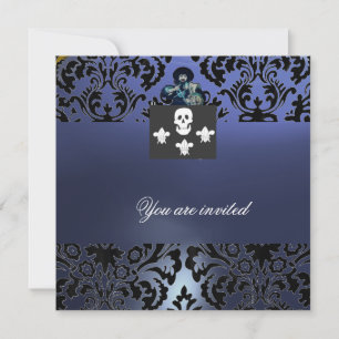 Convites BLACK CORSAIR SKULL & FLEUR DE LIS MONOGRAMA azul
