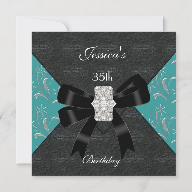Convites Black Damask Black Invitation Silver 35th (Frente)