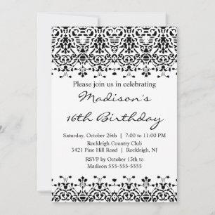 Convites Black Damask Doce 16 Aniversários