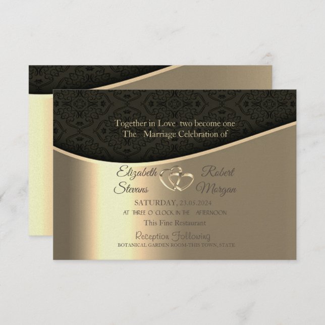 Convites Black Damask Dourado Hearts Casamento & Registro (Frente/Verso)