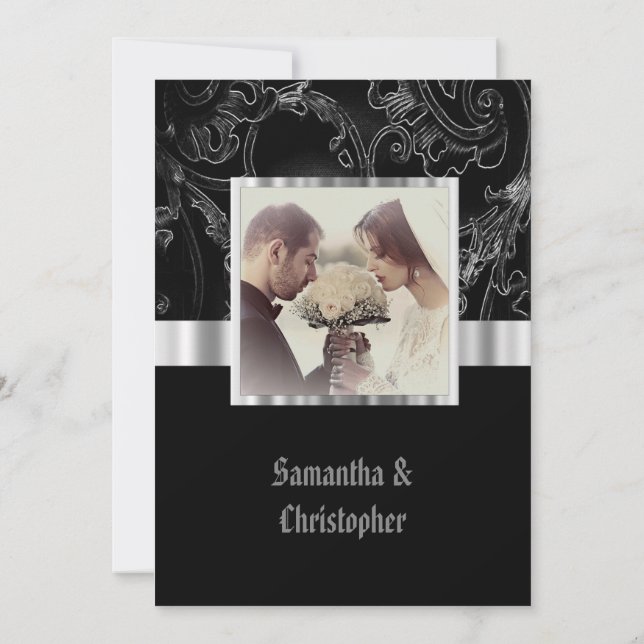 Convites Black damask gothic wedding photo invitation (Verso)