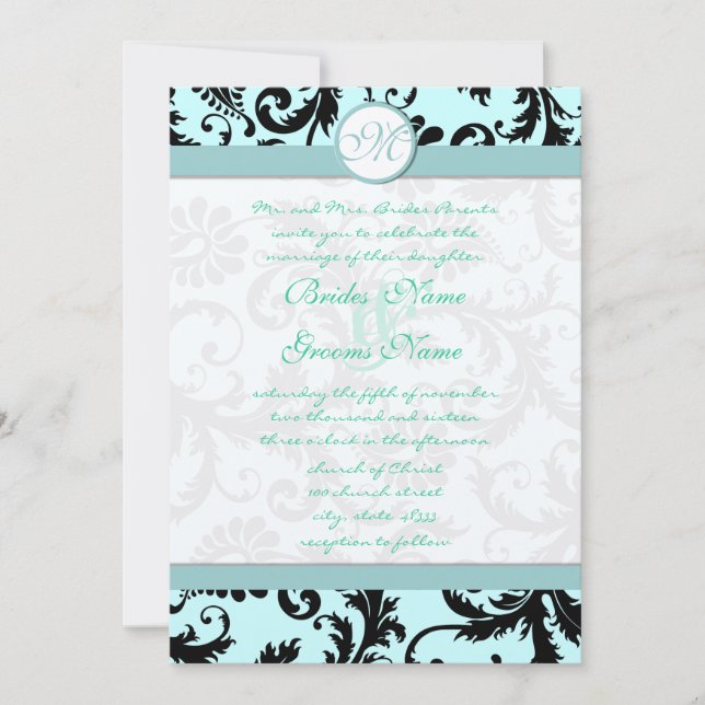 Convites Black Damask Light Aqua Blue Casation (Frente)