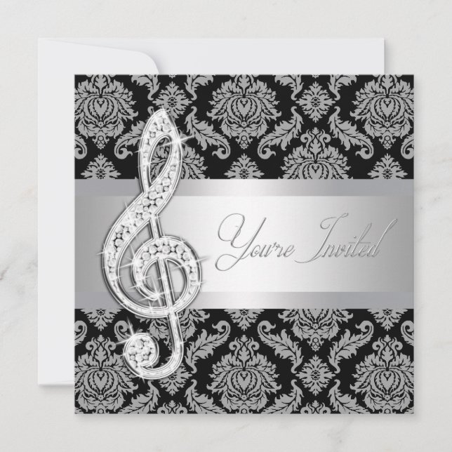 Convites Black Damask Music Treble Clef Considerando Convit (Frente)