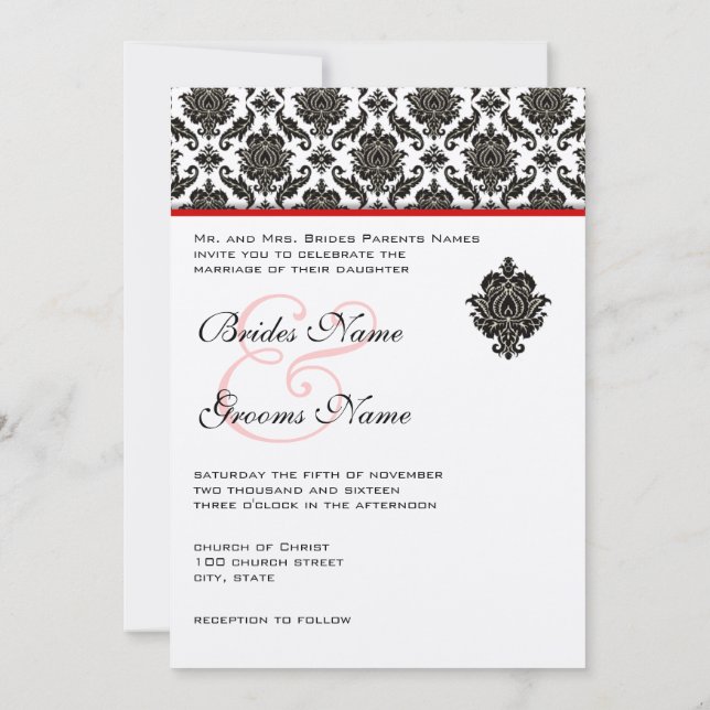 Convites Black Damask On White Red Trim Weditation (Verso)