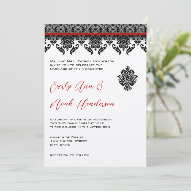 Convites Black Damask On White Red Trim Weditation (Em pé/Frente)