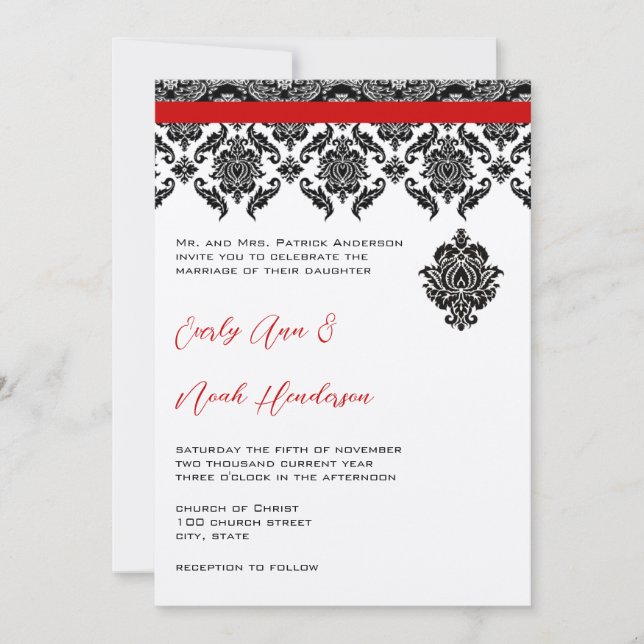 Convites Black Damask On White Red Trim Weditation (Frente)